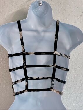 Kathmandu Imports Black Tie-Dye Caged Strappy Crop Tank Top Sz.S/M